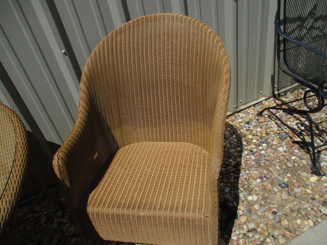 Lloyd Loom Woven Resing Indoor/Outdoor Round Table and Pair of Barrel Back Arm Chairs - 13