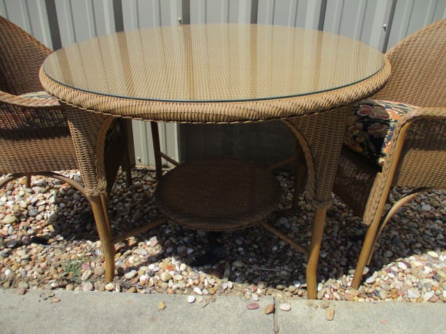 Lloyd Loom Woven Resing Indoor/Outdoor Round Table and Pair of Barrel Back Arm Chairs - 2