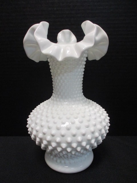 Tall Unmarked Fenton Milk Glass Hobnail Ruffle Vase: 10 1/2"h