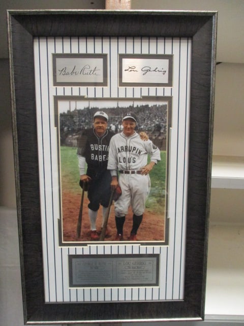 Historic Reproduction Photograph of "Babe Ruth" and "Lou Gehrig" Baseball Legends: from Their 1927 "Barnstorming Tour" with Replica Signature Plates and Biographical Plaques. Framed and matted 13" x 21"