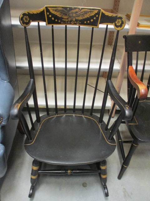 Nichols & Stone Co. Black Stenciled Patriotic Series Spindle Back Rocker: 24"w, some finish wear on arms, Local Pickup Only