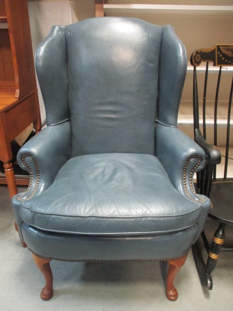 Classic Lather Furniture Co. Blue Leather Wingback Armchair with Nail Heads (1 of 7)