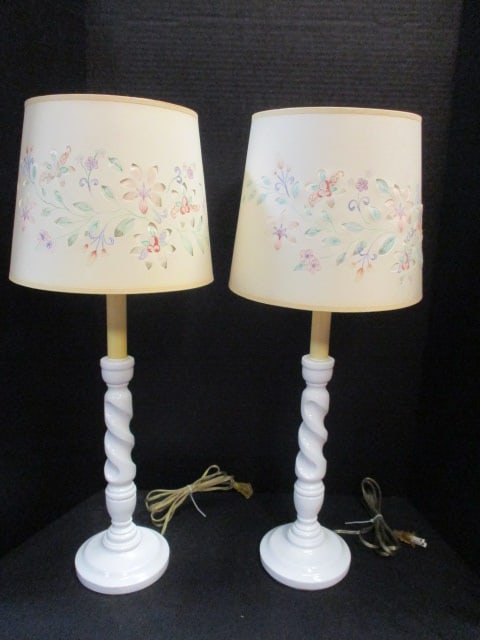 Pair of ALSY White Lacquered Barley Twist Style Table Lamps with Dimensional Cut Flora Paper Sha... (1 of 7)