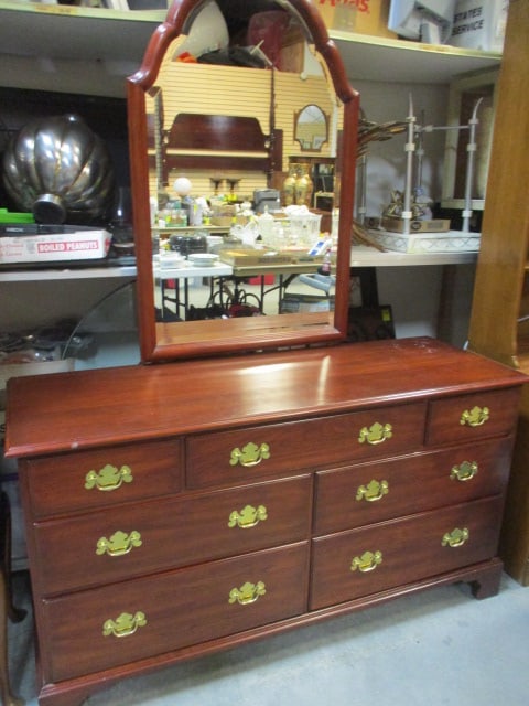 1995 Henkel-Harris Solid Wild Black Cherry Double Dresser with Beveled Mirror (1 of 9)