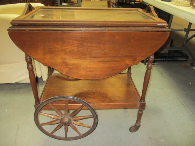 Vintage Drop Side Mahogany Tea Cart with Removable Glass Serving Tray: 27" x 18"(sides down)37"(sides up) x 27 1/2", Tray 26 1/4" x 16 1/4", Serpentine turtle shape top when sides are up, has under shelf, a little wobbly, some finish wear and scratches, top has split at