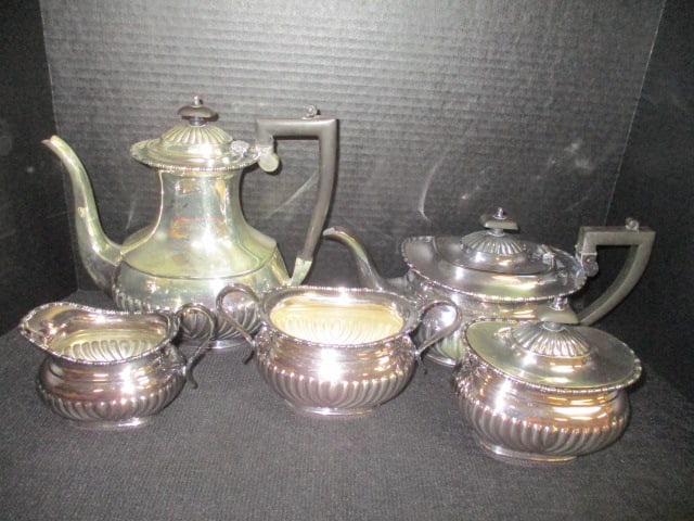 Vintage Victorian William Adams Sheffield England 5 Piece Silverplated Hollowware Coffee/Tea Serv...: Set includes 9"h coffee pot, 5 1/2"h teapot, 3 1/2"h creamer, 4"h waste pot and 5"h covered sugar, Pattern #76030