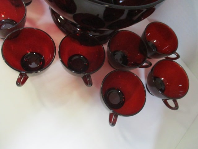 Midcentury Ruby Red Glass Punch Bowl Set - 2