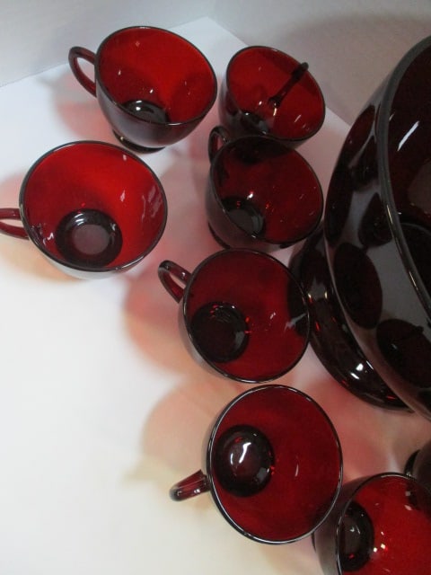 Midcentury Ruby Red Glass Punch Bowl Set - 3