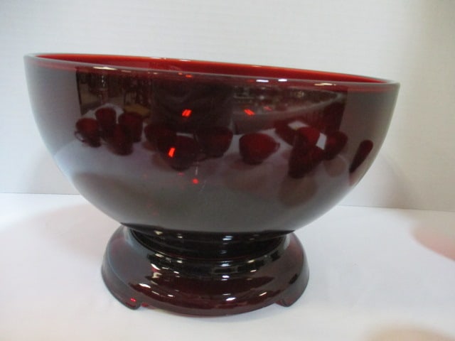 Midcentury Ruby Red Glass Punch Bowl Set - 6