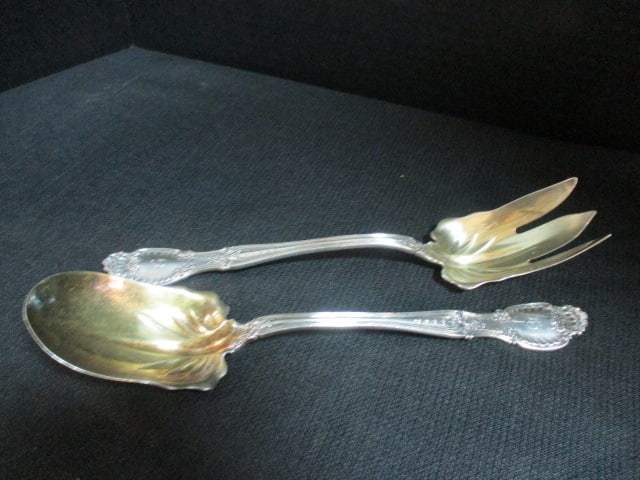 Tiffany & Co. Sterling Silver Salad Fork and Spoon: 6.97 troy ounces total weight, Both 9 7/8" long, monogrammed with "C"