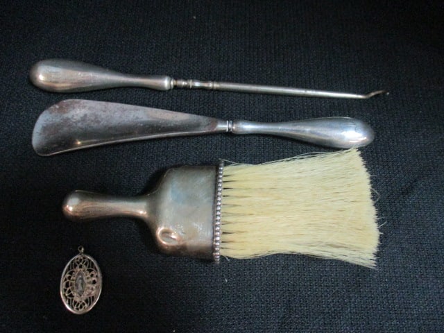 Sterling Silver Religious Medallion, Sterling Silver Handle Boot Hook, Shoe Horn and: Natural Bristle Clothes Brush