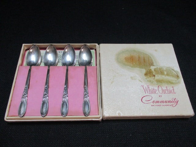 Two 4 Piece "White Orchid" by Community Silverplated Demi Tasse Spoons in Original Boxes: .