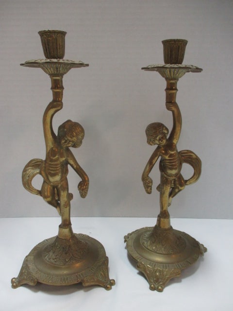 Pair of Brass Cherub Figural Candle Sticks: 11 1/4"h