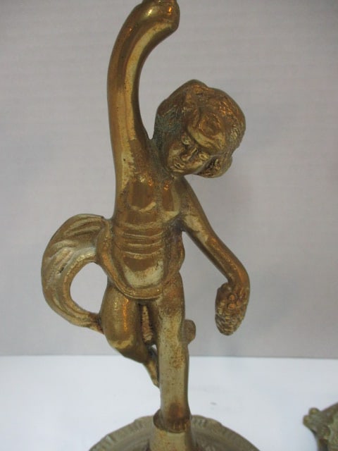 Pair of Brass Cherub Figural Candle Sticks - 3