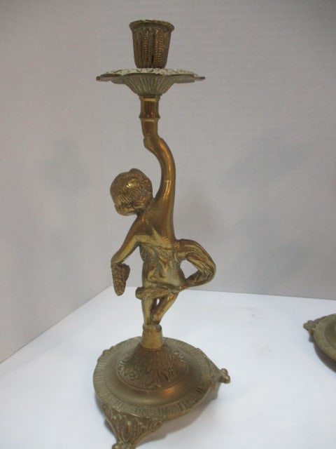 Pair of Brass Cherub Figural Candle Sticks - 5