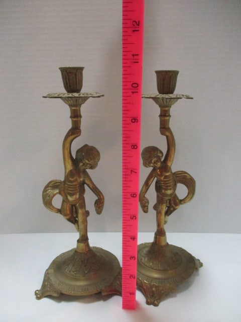 Pair of Brass Cherub Figural Candle Sticks - 6