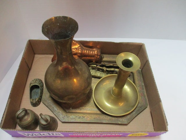 Brass Vase, Candle Holder, Tray, Letter Opener with Sheath, Bells, Slipper Ashtray and: Small Copper Lobster Mold
