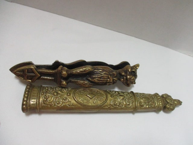 Brass Vase, Candle Holder, Tray, Letter Opener with Sheath, Bells, Slipper Ashtray and - 7