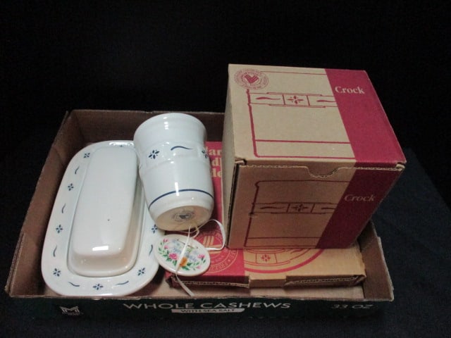 Longaberger Pottery Stoneware Oven to Table Crock, Pillar Candle Holder, Soap Dispenser: Bottle and Butter Dish. Crock and candle holder both in original boxes