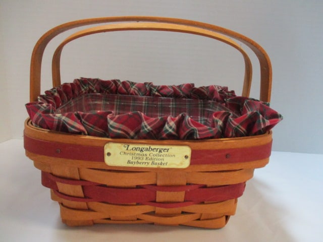 Signed 1993 "The Bayberry Basket" Christmas Collection Basket with Fabric and Plastic Liner: 9 1/2" square, two folding handles