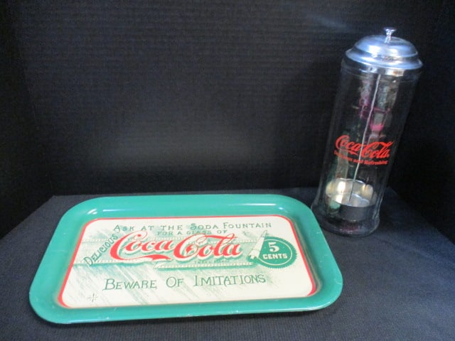 Coca-Cola Glass Straw Dispenser and 1992 "Ask at the Soda Fountain" Adaptation Serving Tray: Dispenser 11"h, tray 14 1/4" x 8 3/4", tray has some scuffs