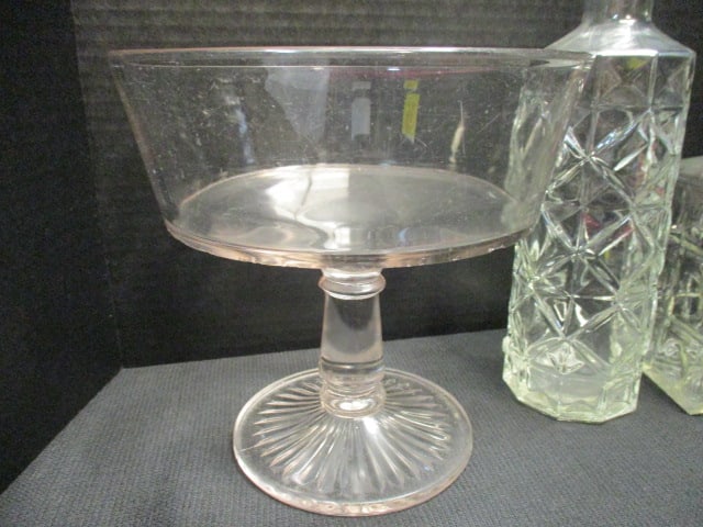 Two Pressed Glass Decanters and Footed Pedestal Centerpiece/Fruit Bowl - 4