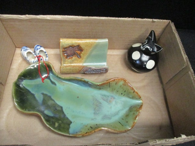Signed Studio Pottery Business Card Holder, Free Form Dish, Carved Stone Cat and: Miniature Delt Blue Dutch Shoe Ornaments