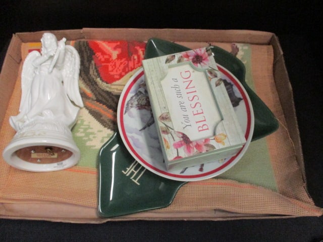 Tree Shape Giving Plate, Blessing Musical Jewelry Box, Schmid Musical Angel Figurine and: Holiday Needlepoint. Schmid Angel should play "Joy to the World" but is wound tight