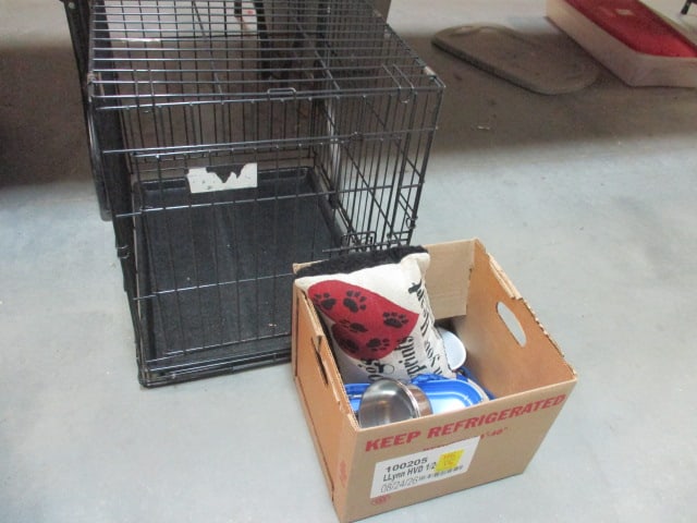 Small Collapsible Pet Kennel, Food Bowls, Leash, Dog Themed Sand Stone Coaster Set: and Novelty Pillow. Kennel 18" x 24" x 21 1/2", Local Pickup Only
