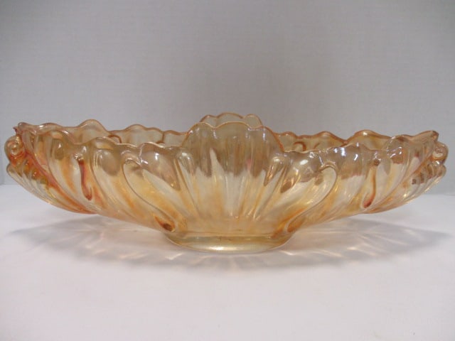 Midcentury Marigold Iridescent Console Bowl: 15 3/4" x 5" x 4", small chip on rim above handle