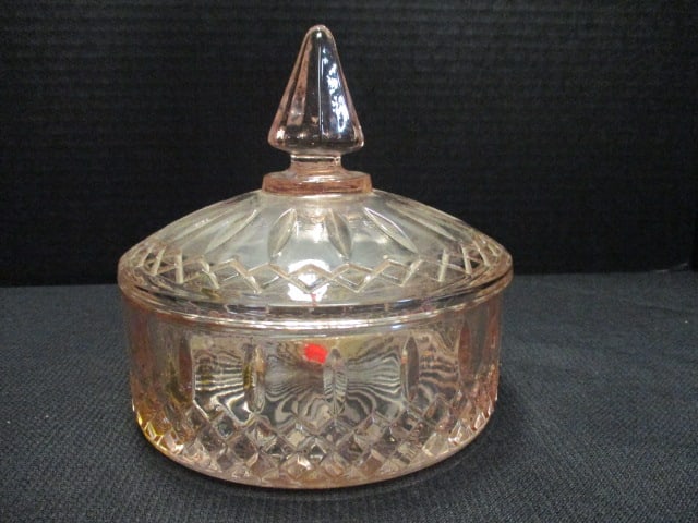 Pink Iridescent Glass Lidded Candy Dish: 6"dia