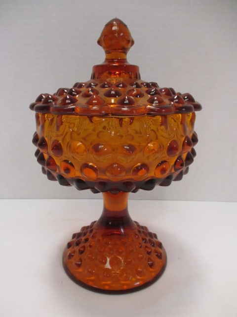 Amber Hobnail Footed Pedestal Lidded Candy Dish: 8 1/2"h