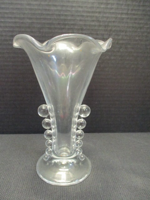 Clear Art Glass Ruffled Trumpet Vase with Applied Prunts: 8"h