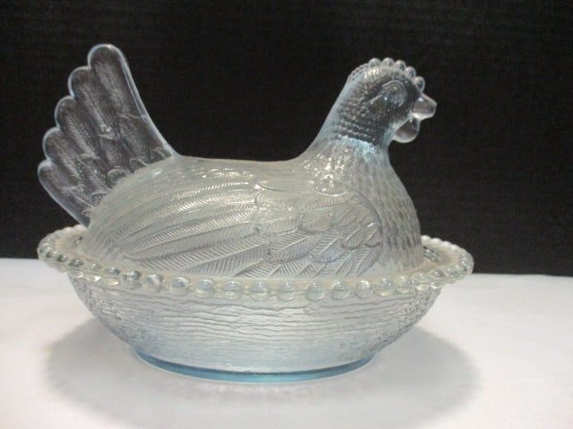 Light Blue Glass Hen on Nest Dish: 5 1/4"h, tip of beak is chipped