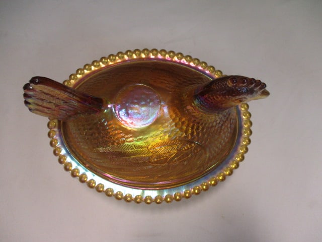 Glass Marigold Iridescent Hen on Nest Dish - 2