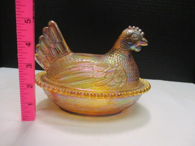 Glass Marigold Iridescent Hen on Nest Dish - 5