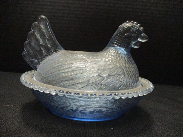 Blue Glass Hen on Nest Dish: 5 1/4"h
