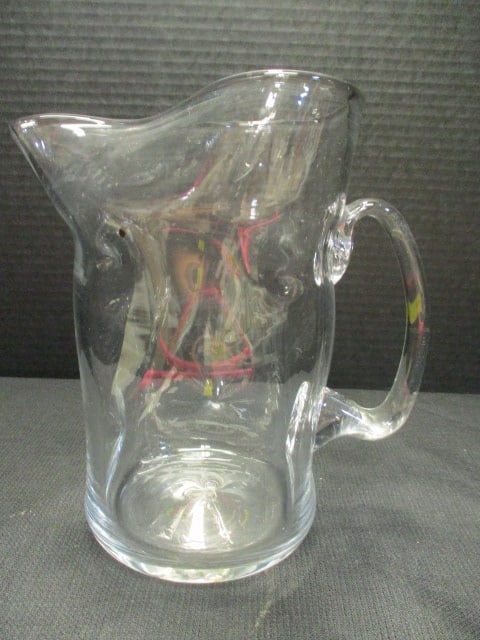 Hand Blown Art Glass Pitcher with Applied Glass Handle: 9"h, has pontil on bottom