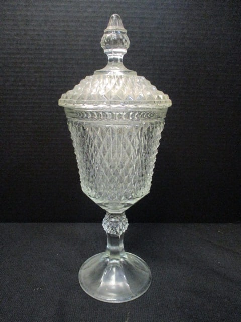 Midcentury Diamond Point Footed Pedestal Lidded Jar: 15 1/4"h