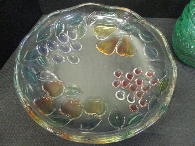 Colorful Fruit Design Bowl and Three Green Glass Fruit Bowls - 2