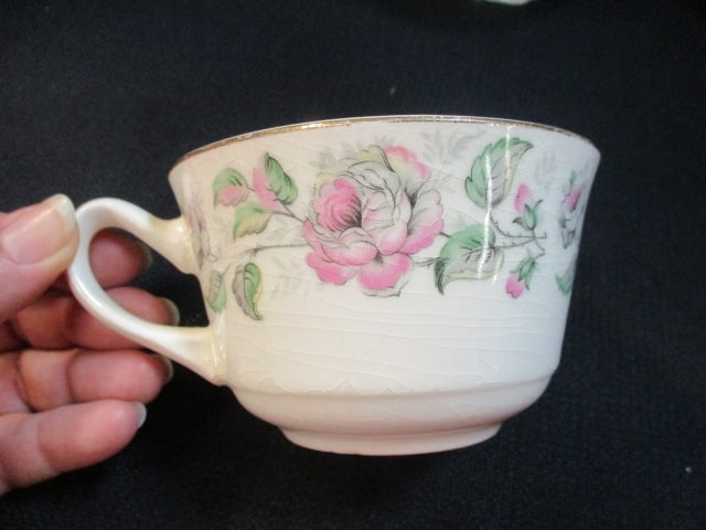 Vintage Ironstone Tea Cups, Sugar Bowl and Creamer with Rose Garland Design - 2