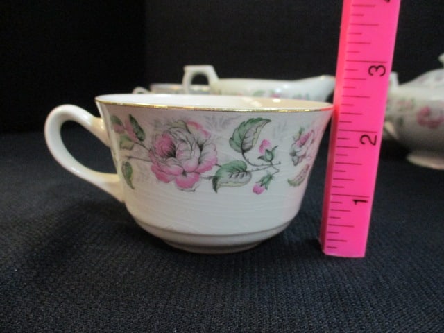 Vintage Ironstone Tea Cups, Sugar Bowl and Creamer with Rose Garland Design - 3
