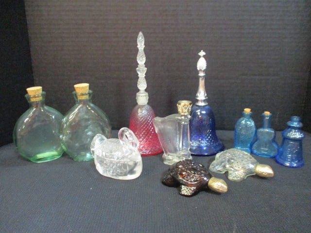 Small Colored Glass Bottles, Avon Perfume Bottle Bells and Turtles and Clear Glass (1 of 9)