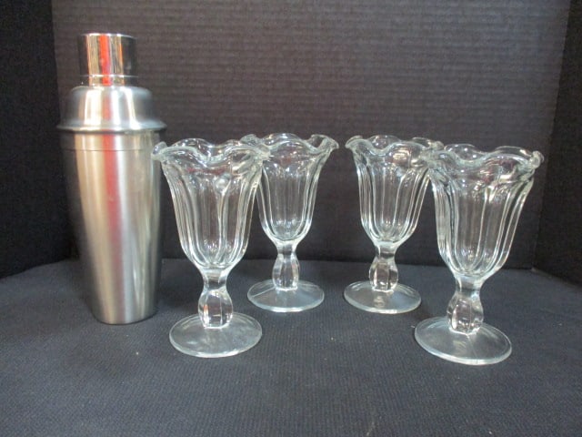 Stainless Steel Cocktail Shaker and Four Pressed Glass Sundae Glasses (1 of 6)