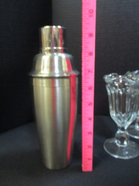 Stainless Steel Cocktail Shaker and Four Pressed Glass Sundae Glasses - 2