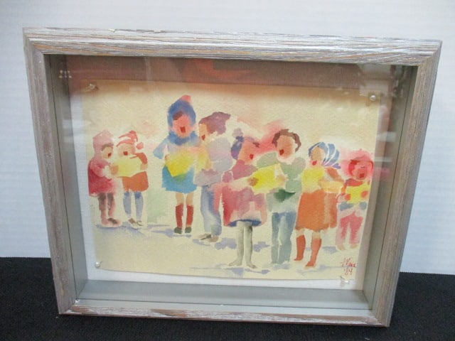1984 Maria Signed Original Carolers Watercolor in Shadowbox Frame: 10 3/4" x 8 3/4", signed and dated in lower right corner