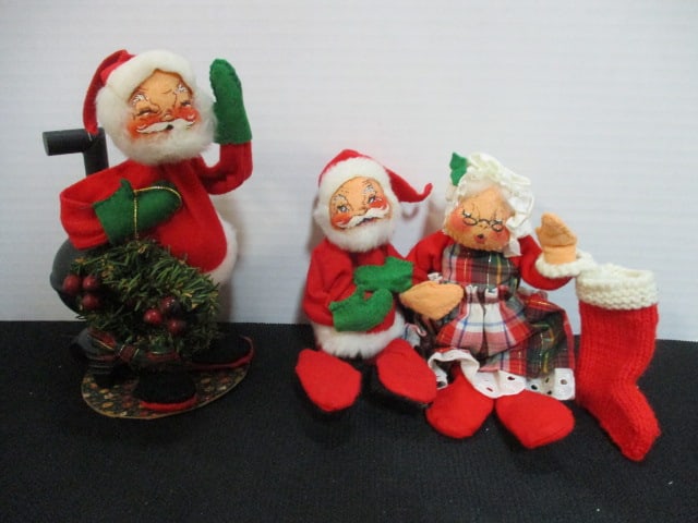 Two Vintage Annalee Santa and Mrs. Claus Dolls: possibly 1950's tags have been cut off, Santa with wood stove needs one foot reattached to base