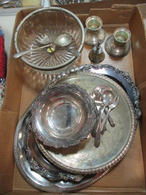 Silverplated Trays, Candle Holders, Servant Bell, Silverplated Rim Salad Bowl with Servers, etc. (1 of 7)