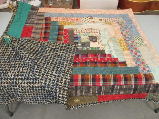 Antique Hand Stitched Patchwork Quilt: approx. 74" x 84", well used condition, some stains and damaged edges, see pictures and preview for condition