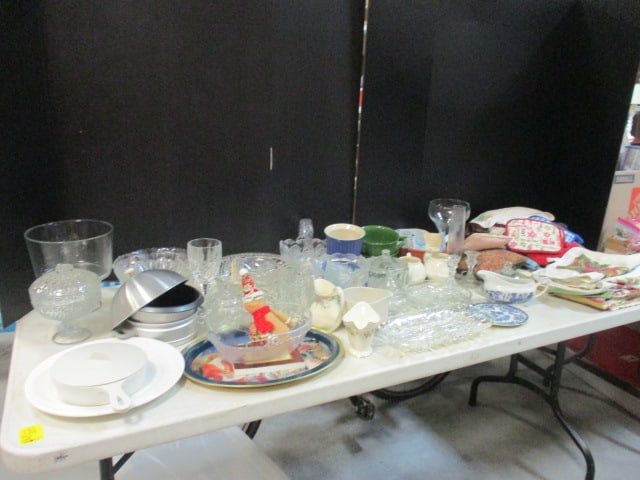 Table Lot-Glass Serving Pieces, Kitchen Towels, Vases, Candle Holders, etc.: See all pictures and preview, Bring Boxes-Local Pickup Only